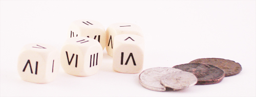 Roman-style dice and coins from "Jactus", published by Past Times (1994)