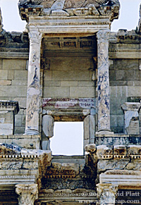 Detail of the Library of Celsus facade, showing a later inscription.  Photo Â© 2003 David Platt.